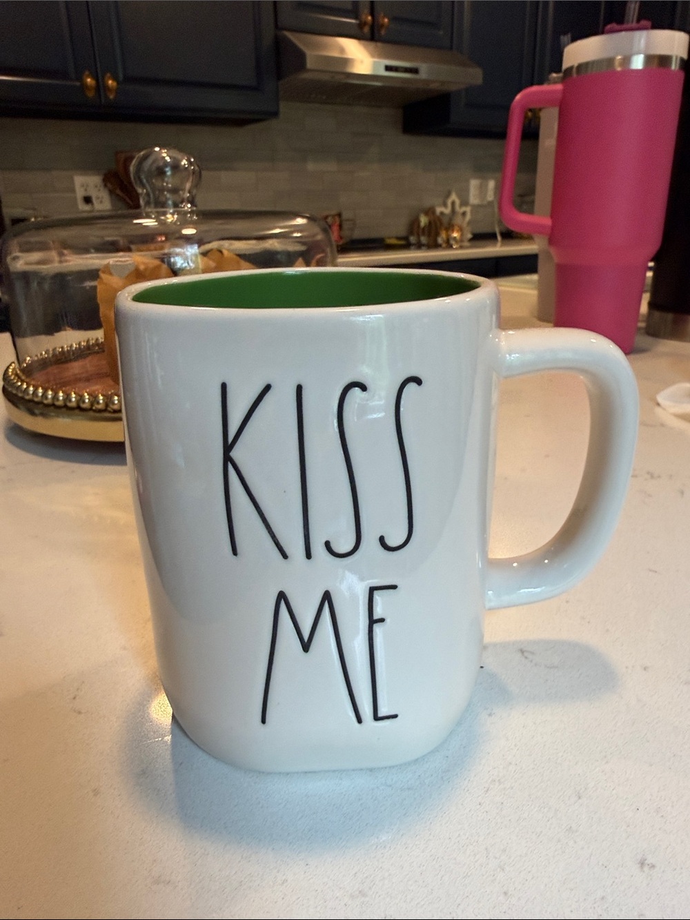 White 'KISS ME' Ceramic Mug with Green Interior Rae Dunn